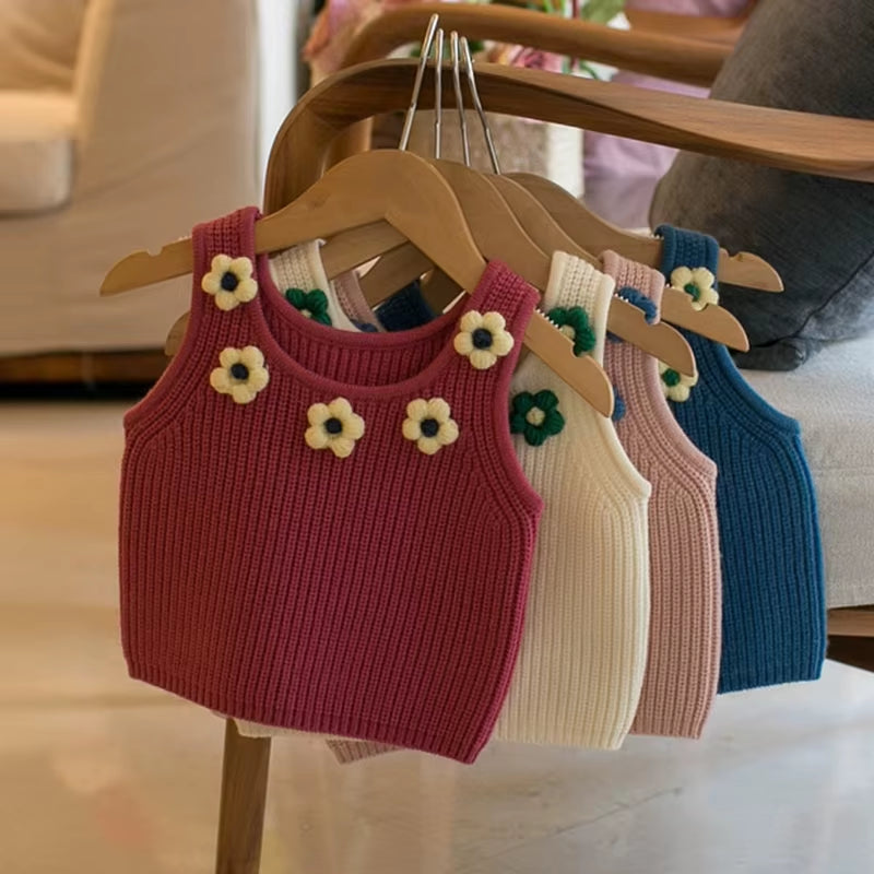 2023 Spring Children'S Sweater Vest Baby Girls' Candy Color Five Blossom Suspender Vest Versatile Sweater Vest Top for Girls