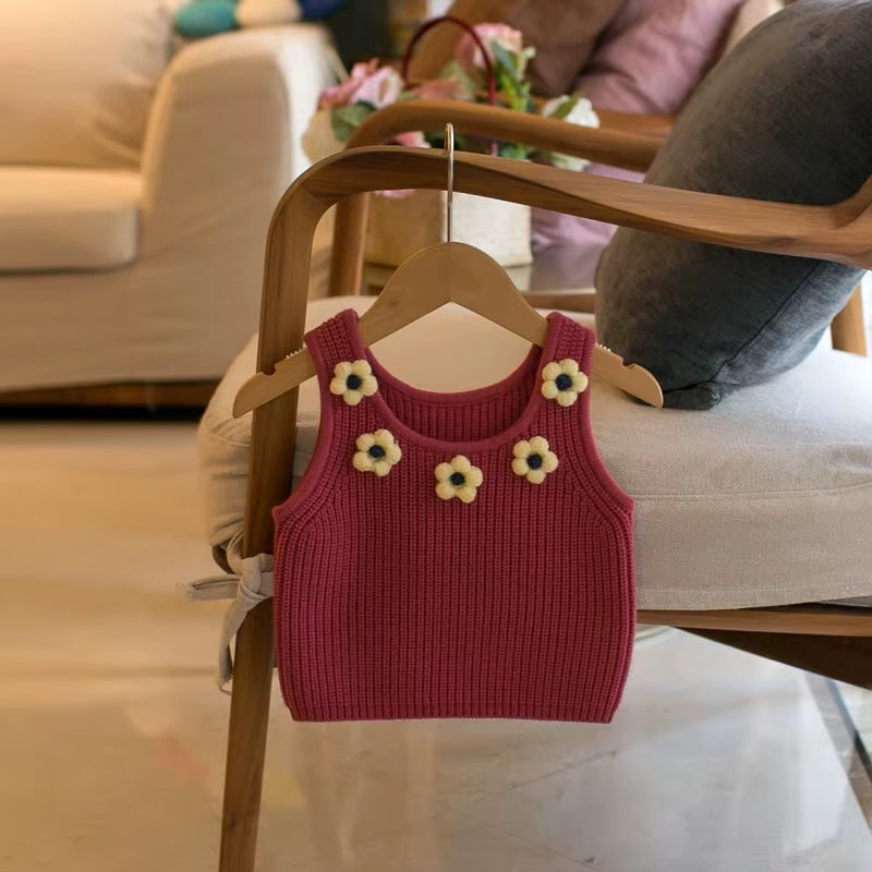2023 Spring Children'S Sweater Vest Baby Girls' Candy Color Five Blossom Suspender Vest Versatile Sweater Vest Top for Girls